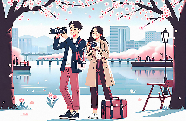 JPG 전신 커플 공원 여자 남자 호수 여행 가방 일러스트 들기 성인 두명 카메라 촬영 봄 벚꽃 꽃구경 벚꽃축제 성인만 국내일러스트 AI일러스트 AI콘텐츠 잡화 계절 공공시설 꽃 관계 모션 사람 전자제품 축제 꽃축제 파일형식