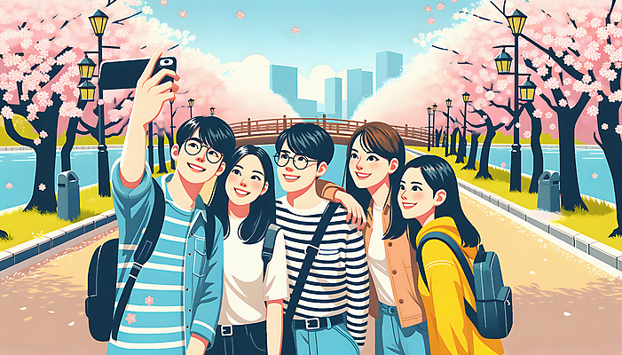 JPG 공원 여자 남자 여행 일러스트 웃음 여러명 성인 친구 봄 우정 벚꽃 셀프카메라 꽃구경 벚꽃축제 성인만 국내일러스트 AI일러스트 AI콘텐츠 계절 공공시설 꽃 다수 관계 표정 사람 사진촬영 축제 꽃축제 파일형식