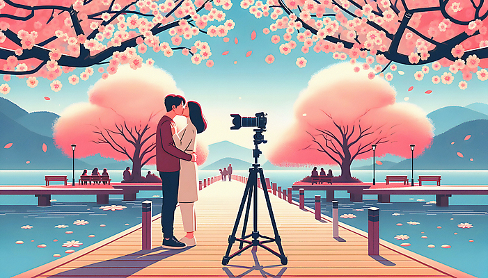 JPG 전신 커플 공원 여자 남자 호수 여행 일러스트 키스 성인 두명 카메라 봄 벚꽃 셀프카메라 삼각대 데크 꽃구경 벚꽃축제 성인만 국내일러스트 AI일러스트 AI콘텐츠 계절 공공시설 꽃 관계 사람 전자제품 사진촬영 축제 애정표현 꽃축제 파일형식