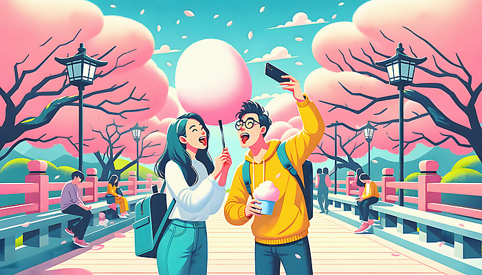 JPG 커플 공원 여자 남자 여행 일러스트 장난 거리 들기 여러명 상반신 성인 봄 벚꽃 셀프카메라 메롱 꽃구경 벚꽃축제 솜사탕 성인만 국내일러스트 AI일러스트 AI콘텐츠 계절 공공시설 꽃 다수 관계 모션 디저트 사람 사진촬영 축제 꽃축제 파일형식