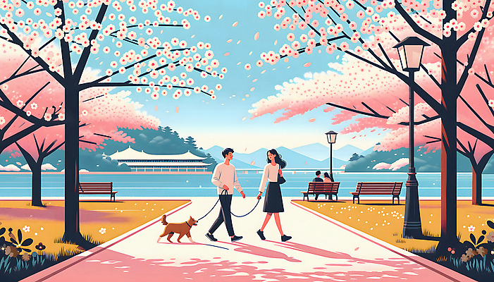 JPG 전신 커플 공원 여자 남자 반려견 여행 일러스트 앉기 여러명 성인 걷기 봄 산책 벚꽃 강아지 꽃구경 벚꽃축제 성인만 국내일러스트 AI일러스트 AI콘텐츠 계절 공공시설 꽃 다수 관계 모션 휴식 사람 반려동물 축제 개 꽃축제 파일형식