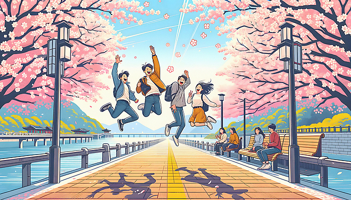 JPG 전신 공원 여자 남자 길 여행 가로등 일러스트 여러명 성인 친구 점프 봄 우정 벚꽃 꽃구경 벚꽃축제 성인만 국내일러스트 AI일러스트 AI콘텐츠 계절 공공시설 꽃 다수 관계 모션 사람 축제 꽃축제 파일형식