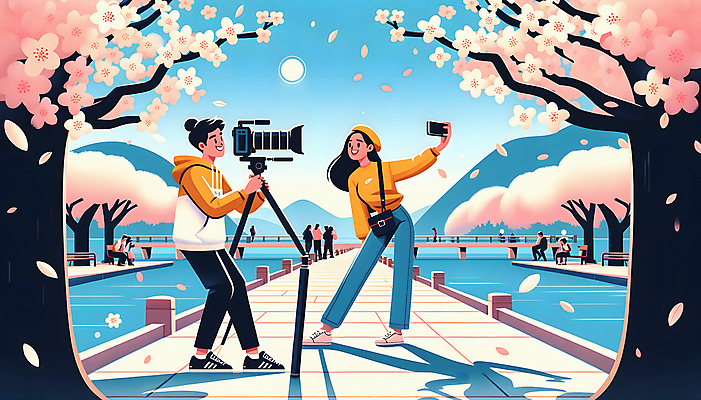 JPG 전신 커플 여자 남자 여행 포즈 일러스트 서기 들기 성인 두명 카메라 봄 벚꽃 방송 꽃구경 벚꽃축제 콘텐츠 성인만 국내일러스트 AI일러스트 AI콘텐츠 계절 꽃 관계 모션 사람 전자제품 축제 꽃축제 파일형식