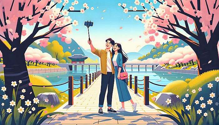 JPG 전신 커플 공원 여자 남자 호수 여행 일러스트 서기 들기 성인 두명 봄 벚꽃 셀프카메라 꽃구경 벚꽃축제 셀카봉 성인만 국내일러스트 AI일러스트 AI콘텐츠 계절 공공시설 꽃 관계 모션 사람 사진촬영 축제 꽃축제 파일형식
