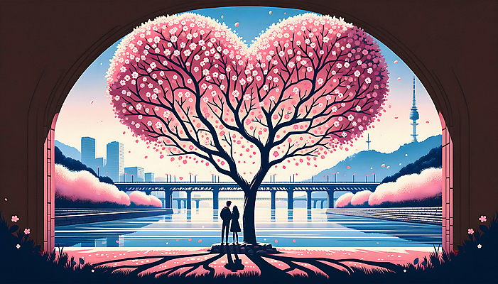 JPG 커플 여자 남자 실루엣 호수 분홍색 여행 일러스트 성인 두명 봄 벚꽃 하트 벚나무 꽃구경 벚꽃축제 하트나무 가교 성인만 국내일러스트 AI일러스트 AI콘텐츠 모양 나무 건축물 계절 꽃 컬러 관계 촬영기법 사람 축제 꽃축제 파일형식