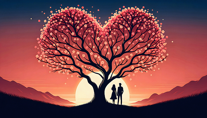 JPG 전신 커플 여자 남자 실루엣 여행 일러스트 성인 두명 일몰 봄 벚꽃 하트 벚나무 꽃구경 벚꽃축제 하트나무 성인만 국내일러스트 AI일러스트 AI콘텐츠 모양 나무 계절 꽃 관계 촬영기법 사람 노을 축제 꽃축제 파일형식