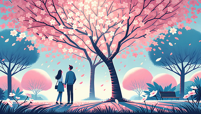 JPG 전신 커플 공원 여자 남자 여행 일러스트 날리기 서기 성인 두명 봄 벚꽃 벚나무 꽃구경 벚꽃축제 성인만 국내일러스트 AI일러스트 AI콘텐츠 나무 계절 공공시설 꽃 관계 모션 사람 축제 꽃축제 파일형식