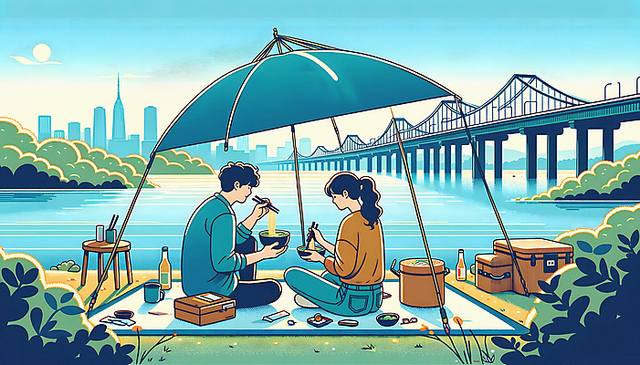 JPG 전신 커플 여자 남자 일러스트 들기 앉기 성인 두명 소풍 봄 라면 먹기 돗자리 한강 가교 성인만 그늘막 국내일러스트 AI일러스트 AI콘텐츠 건축물 계절 음식 관계 모션 서울 사람 야외활동 면류 그늘 랜드마크 파일형식