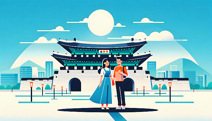 JPG 전신 커플 여자 남자 여행 일러스트 한옥 서기 성인 두명 손잡기 봄 궁전 광화문 성인만 국내일러스트 AI일러스트 AI콘텐츠 한국전통 계절 고건축 관계 모션 한국 사람 랜드마크 파일형식