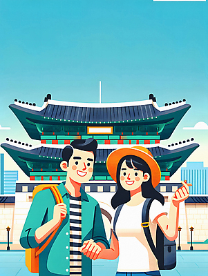 JPG 커플 여자 남자 여행 일러스트 하늘 한옥 상반신 성인 두명 손잡기 궁전 광화문 성인만 국내일러스트 AI일러스트 AI콘텐츠 한국전통 고건축 관계 모션 한국 사람 랜드마크 파일형식