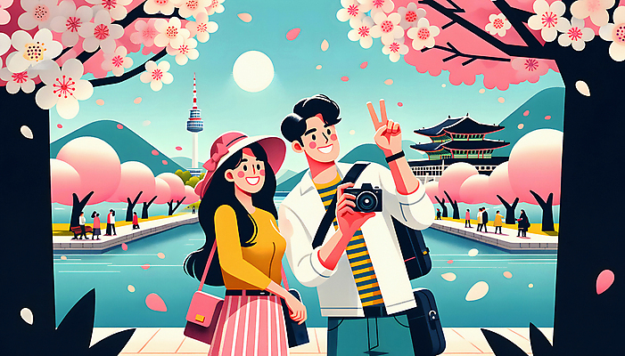 JPG 커플 공원 여자 남자 여행 일러스트 상반신 성인 두명 카메라 봄 궁전 벚꽃 벚나무 셀프카메라 브이 꽃구경 벚꽃축제 성인만 국내일러스트 AI일러스트 AI콘텐츠 나무 계절 공공시설 꽃 고건축 관계 사람 손짓 전자제품 사진촬영 축제 꽃축제 파일형식