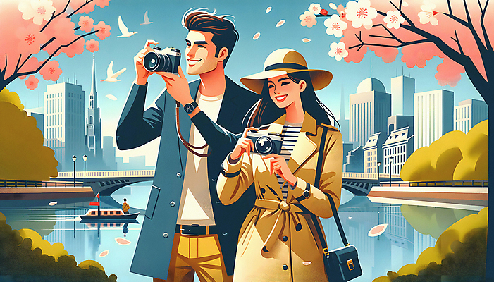 JPG 외국인 커플 공원 여자 남자 호수 여행 일러스트 빌딩 상반신 성인 두명 건물 여행객 카메라 봄 벚꽃 꽃구경 벚꽃축제 성인만 국내일러스트 AI일러스트 AI콘텐츠 건축물 계절 공공시설 꽃 관계 사람 인종 전자제품 축제 꽃축제 파일형식