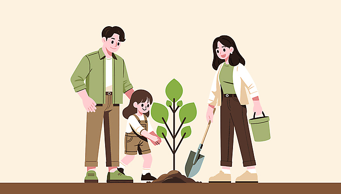 전신 여자 남자 딸 행복 어린이 일러스트 가족 자연 엄마 함께함 소녀 성인 세명 아빠 삽 식목일 나무심기 묘목 국내일러스트 AI파일 나무 기념일 감정 컨셉 관계 사람 생태계 심기 파일형식 벡터