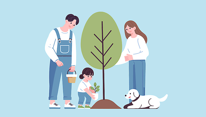 전신 한마리 여자 남자 딸 반려견 어린이 일러스트 가족 자연 엄마 소녀 성인 세명 파란색 아빠 강아지 식목일 친환경 나무심기 묘목 국내일러스트 AI파일 나무 1 기념일 컬러 관계 사람 반려동물 환경 개 생태계 심기 파일형식 벡터
