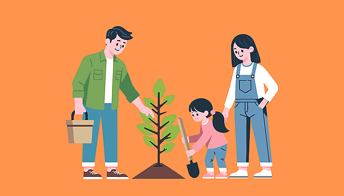 전신 여자 남자 딸 어린이 일러스트 가족 자연 엄마 서기 소녀 성인 세명 주황색 아빠 삽 식목일 나무심기 묘목 국내일러스트 AI파일 나무 기념일 컬러 관계 모션 사람 생태계 심기 파일형식 벡터