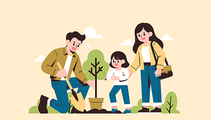 전신 여자 남자 딸 어린이 일러스트 가족 자연 엄마 소녀 성인 세명 주황색 아빠 삽 식목일 나무심기 묘목 국내일러스트 AI파일 나무 기념일 컬러 관계 사람 생태계 심기 파일형식 벡터