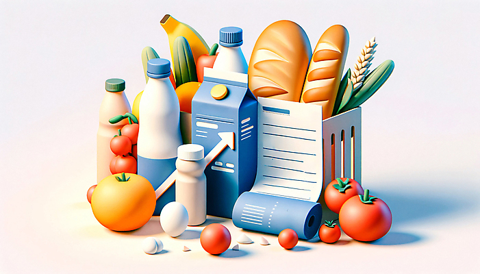 JPG 편집이미지 화살표 빵 토마토 바나나 사람없음 경제 쇼핑 장보기 3D 우유 시세 사회이슈 디지털합성 오브젝트 상승 편집소스 편집3D AI컴퓨터그래픽 AI콘텐츠 음식 컨셉 채소 과일 유제품 금융 파일형식