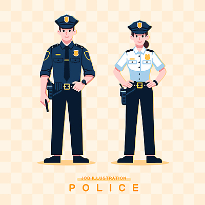 전신 모자 여자 남자 일러스트 직업캐릭터 서기 들기 성인 두명 노란색 권총 총 경찰 경찰복 성인만 일러캐릭터 AI파일 직업 캐릭터 잡화 무기 컬러 유니폼 모션 사람 파일형식 벡터