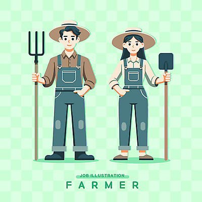 전신 모자 여자 남자 일러스트 직업캐릭터 작업복 서기 들기 성인 두명 초록색 농부 삽 멜빵바지 밀짚모자 주머니손 갈퀴 성인만 일러캐릭터 AI파일 직업 캐릭터 모자_잡화 잡화 옷 컬러 바지 모션 사람 멜빵 파일형식 벡터