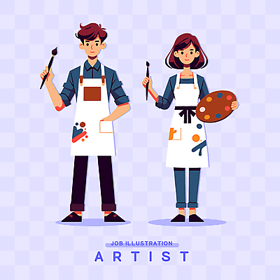 전신 여자 남자 일러스트 직업캐릭터 미술 서기 들기 성인 두명 보라색 앞치마 물감 붓 팔레트 화가 미술가 아티스트 성인만 일러캐릭터 AI파일 직업 캐릭터 컬러 모션 문화예술 사람 미술도구 예술가 파일형식 벡터