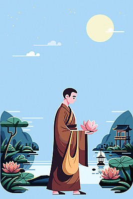 전신 나무 구름 남자 불교 일러스트 연꽃 한명 들기 성인 걷기 달 기도 연못 사찰 저녁 승려 성인남자한명만 국내일러스트 AI파일 자연요소 식물 1 꽃 종교 종교건축 모션 사람 야간 성직자 남자한명만 성인남자만 파일형식 벡터