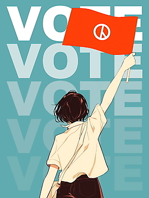 PSD 영어 여자 일러스트 한명 들기 상반신 성인 깃발 투표 선거 그라데이션 민트색 참여 성인여자한명만 기표문양 유권자 국내일러스트 문자 1 문양 컬러 모션 사람 민주주의 여자한명만 성인여자만 파일형식