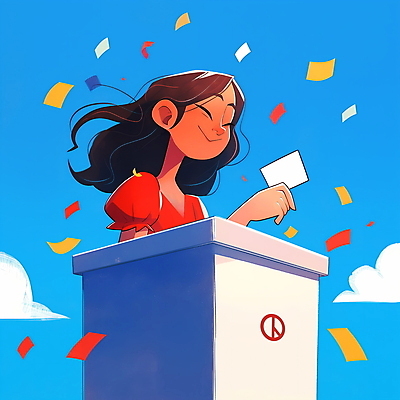 PSD 여자 일러스트 하늘 한명 웃음 들기 상반신 성인 투표 선거 꽃가루 투표함 참여 성인여자한명만 유권자 국내일러스트 1 모션 표정 사람 가루 민주주의 여자한명만 성인여자만 파일형식