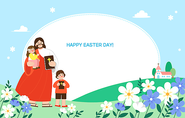 전신 여자 남자 꽃 기독교 어린이 하늘색 일러스트 안기 부활절 들기 소녀 소년 성인 세명 교회 성경 봄 예수 언덕 국내일러스트 AI파일 식물 계절 기념일 종교 종교용품 종교건축 모션 사람 건물 파란색 신_종교 파일형식 벡터