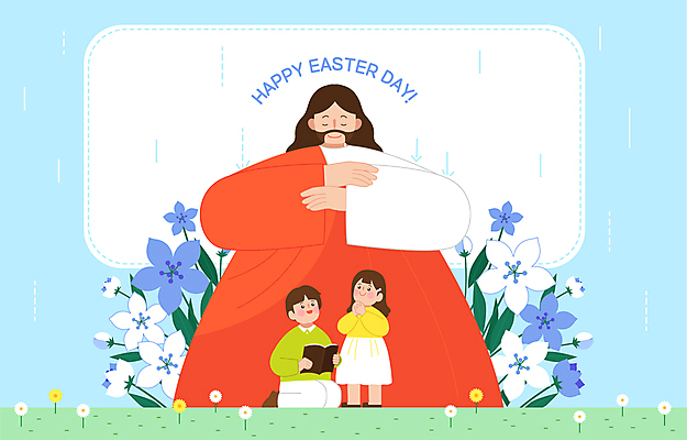 전신 여자 남자 꽃 기독교 어린이 하늘색 일러스트 부활절 소녀 소년 성인 세명 눈감음 봄 기도 예수 비 보호 국내일러스트 AI파일 자연요소 식물 계절 기념일 종교 컨셉 모션 날씨 사람 파란색 신_종교 파일형식 벡터