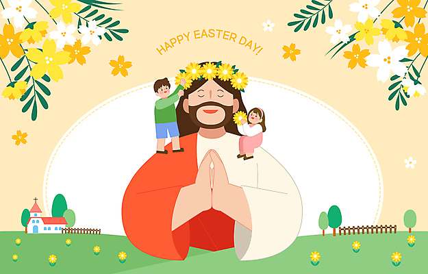 전신 나무 여자 남자 꽃 기독교 어린이 일러스트 부활절 미소 앉기 소녀 소년 상반신 성인 세명 노란색 교회 눈감음 화관 봄 기도 예수 어깨 손모으기 국내일러스트 AI파일 식물 계절 기념일 종교 컬러 종교건축 모션 표정 사람 손짓 건물 신체부위 신_종교 파일형식 벡터