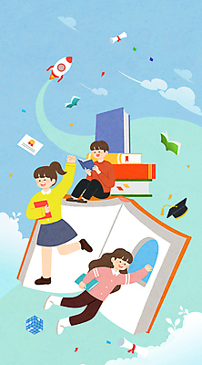 전신 PSD 학생 여자 남자 어린이 일러스트 학사모 응원 하늘 앉기 소녀 소년 책 세명 독서 손들기 교양 우주선 큐브 꽃가루 다리들기 어린이만 국내일러스트 모자_잡화 졸업 모션 사람 우주 가루 파일형식