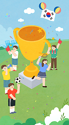전신 PSD 구름 여자 남자 일러스트 축구공 응원 운동선수 한국 여러명 성인 손들기 우승 테니스라켓 태극기 트로피 언덕 응원단 꽃가루 풀숲 시상 우승자 성인만 국내일러스트 자연요소 아시아 스포츠 다수 공 축구용품 모션 사람 테니스 라켓 최고 국기 숲 가루 상_우승 파일형식