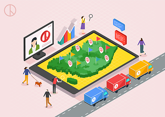 전신 여자 남자 반려견 도로 지도 일러스트 돋보기 그래프 한국 여러명 성인 태블릿 트럭 깃발 뉴스 강아지 투표 아이소메트릭 성인만 국내일러스트 AI파일 아시아 길 다수 교통시설 자동차 사람 전자제품 스마트기기 반려동물 개 선거 파일형식 벡터