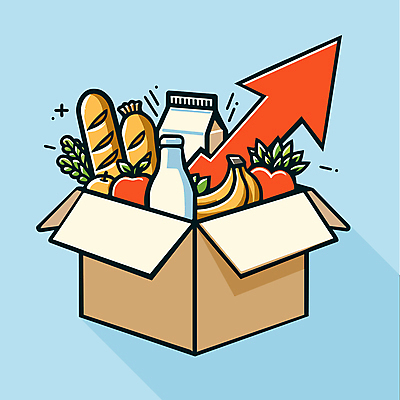 화살표 빵 일러스트 식재료 그래프 바나나 사람없음 장보기 상자 우유 시세 배 시장 구매 사과 배송 상승 마트 온라인쇼핑 인플레이션 국내일러스트 AI파일 음식 컨셉 과일 유제품 금융 경제 쇼핑 상점 온라인 파일형식 벡터