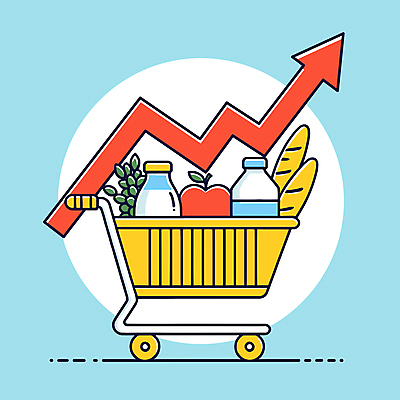 화살표 빵 채소 일러스트 식재료 그래프 사람없음 쇼핑카 우유 시세 시장 사과 상승 마트 인플레이션 국내일러스트 AI파일 음식 컨셉 과일 유제품 금융 경제 쇼핑 상점 카트 파일형식 벡터