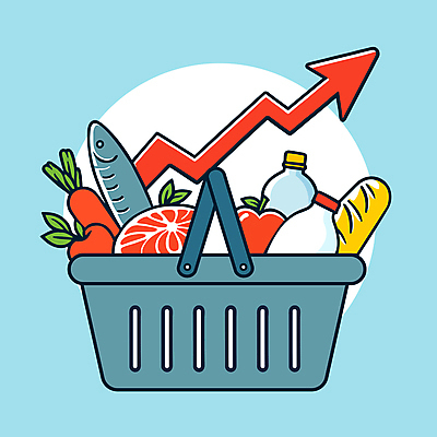 화살표 빵 일러스트 식재료 육류 어류 사람없음 당근 우유 시세 시장 사과 장바구니 상승 마트 인플레이션 국내일러스트 AI파일 음식 컨셉 과일 유제품 뿌리채소 금융 경제 쇼핑 바구니 상점 수중동물 파일형식 벡터