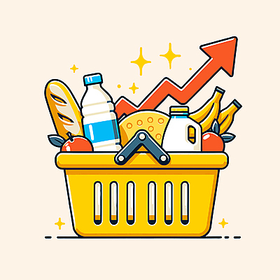 화살표 빵 일러스트 식재료 그래프 바나나 사람없음 반짝임 우유 시세 시장 사과 장바구니 상승 마트 인플레이션 국내일러스트 AI파일 음식 컨셉 과일 모션 유제품 금융 경제 쇼핑 바구니 상점 파일형식 벡터