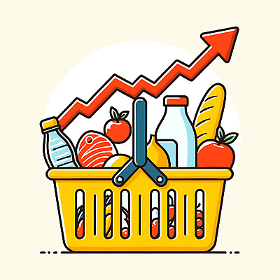 화살표 빵 일러스트 식재료 그래프 육류 사람없음 우유 시세 시장 사과 장바구니 상승 마트 인플레이션 국내일러스트 AI파일 음식 컨셉 과일 유제품 금융 경제 쇼핑 바구니 상점 파일형식 벡터