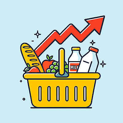 화살표 빵 일러스트 식재료 그래프 사람없음 반짝임 우유 시세 시장 사과 장바구니 청포도 상승 마트 인플레이션 국내일러스트 AI파일 음식 컨셉 과일 모션 포도 유제품 금융 경제 쇼핑 바구니 상점 파일형식 벡터