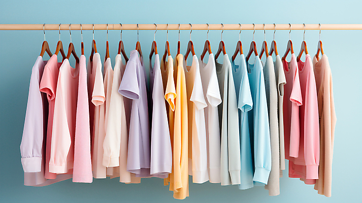 JPG 편집이미지 옷 계절 셔츠 사람없음 봄 반팔티셔츠 옷걸이 디지털합성 일렬 파스텔톤 편집실사 AI포토 AI콘텐츠 컬러 상의 티셔츠 CG 파일형식