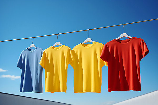 JPG 편집이미지 옷 계절 매달리기 사람없음 맑음 봄 반팔티셔츠 빨랫줄 옷걸이 디지털합성 일렬 편집실사 AI포토 AI콘텐츠 줄 티셔츠 모션 날씨 CG 파일형식