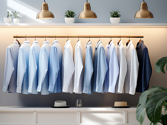 JPG 편집이미지 옷 계절 셔츠 사람없음 파란색 봄 흰색 옷걸이 디지털합성 일렬 드레스룸 편집실사 AI포토 AI콘텐츠 컬러 상의 CG 파일형식