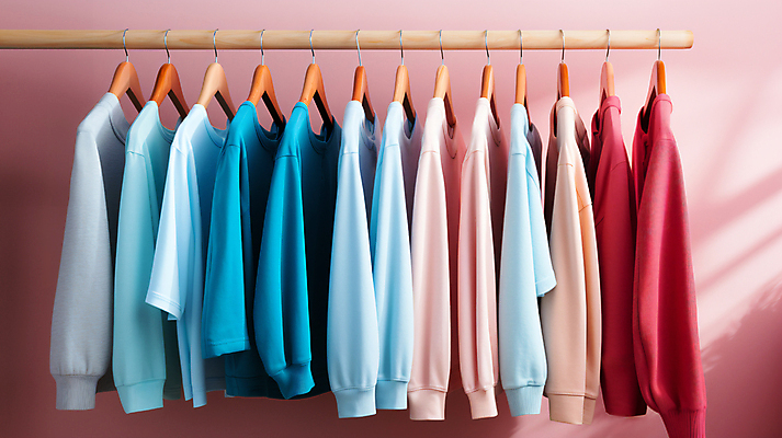 JPG 편집이미지 옷 계절 분홍색 사람없음 파란색 봄 옷걸이 디지털합성 일렬 편집실사 AI포토 AI콘텐츠 컬러 CG 파일형식