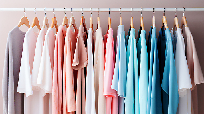 JPG 편집이미지 옷 계절 분홍색 사람없음 파란색 봄 장롱 옷걸이 디지털합성 일렬 편집실사 AI포토 AI콘텐츠 컬러 가구 CG 파일형식