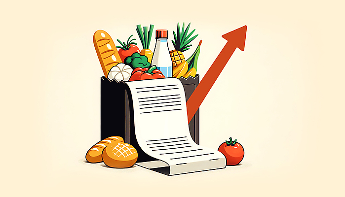 JPG 화살표 종이 음식 빵 과일 일러스트 사람없음 경제 종이봉투 우유 담기 상승 영수증 경제활동 인플레이션 국내일러스트 AI일러스트 AI콘텐츠 컨셉 모션 봉투 유제품 금융 파일형식