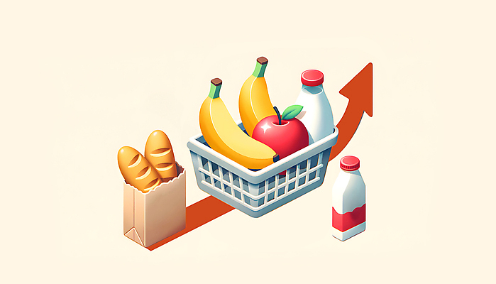 JPG 화살표 음식 빵 과일 일러스트 바나나 사람없음 경제 종이봉투 바구니 우유 사과 장바구니 담기 상승 경제활동 인플레이션 국내일러스트 AI일러스트 AI콘텐츠 컨셉 모션 봉투 유제품 쇼핑 파일형식