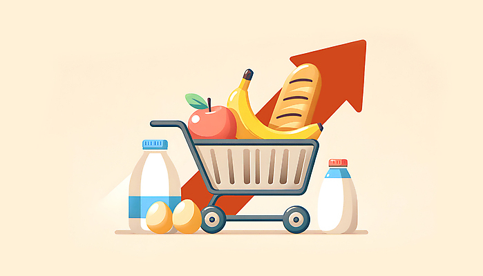 JPG 화살표 음식 과일 일러스트 바나나 사람없음 경제 계란 카트 쇼핑카 우유 사과 담기 상승 경제활동 인플레이션 국내일러스트 AI일러스트 AI콘텐츠 컨셉 모션 유제품 쇼핑 알 파일형식