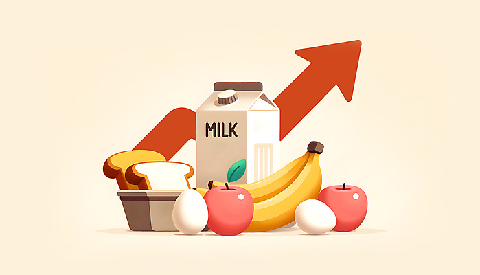 JPG 화살표 음식 빵 과일 일러스트 바나나 사람없음 경제 계란 우유 사과 담기 상승 경제활동 인플레이션 국내일러스트 AI일러스트 AI콘텐츠 컨셉 모션 유제품 알 파일형식