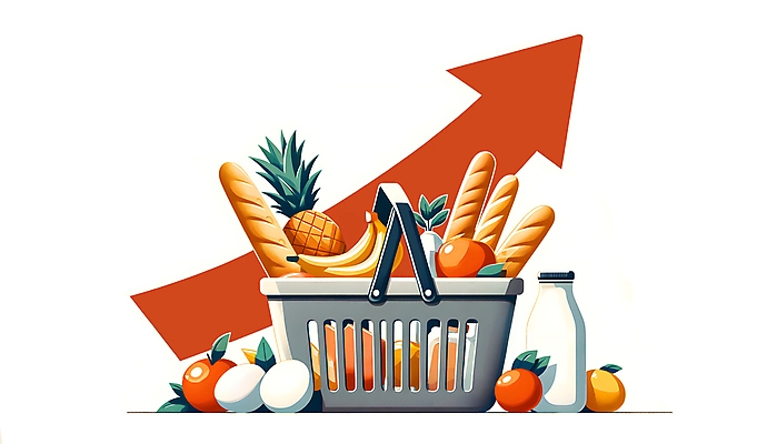 JPG 화살표 음식 빵 과일 일러스트 바나나 사람없음 경제 계란 우유 사과 장바구니 담기 상승 경제활동 인플레이션 국내일러스트 AI일러스트 AI콘텐츠 컨셉 모션 유제품 쇼핑 바구니 알 파일형식