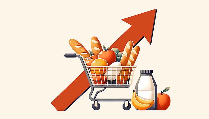 JPG 화살표 음식 빵 과일 일러스트 사람없음 경제 계란 카트 쇼핑카 우유 담기 상승 경제활동 인플레이션 국내일러스트 AI일러스트 AI콘텐츠 컨셉 모션 유제품 쇼핑 알 파일형식